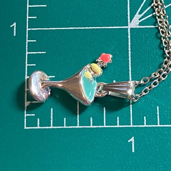 Martini Cocktail Drink Cup Glass Charm Necklace Pendant Aqua Enamel 18" Chain - Picture 9 of 9